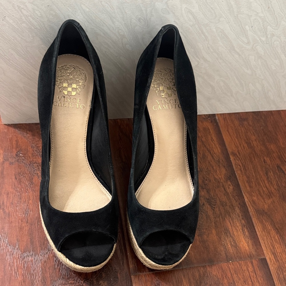 Vince Camuto Black Suede Peep-Toe Wedges